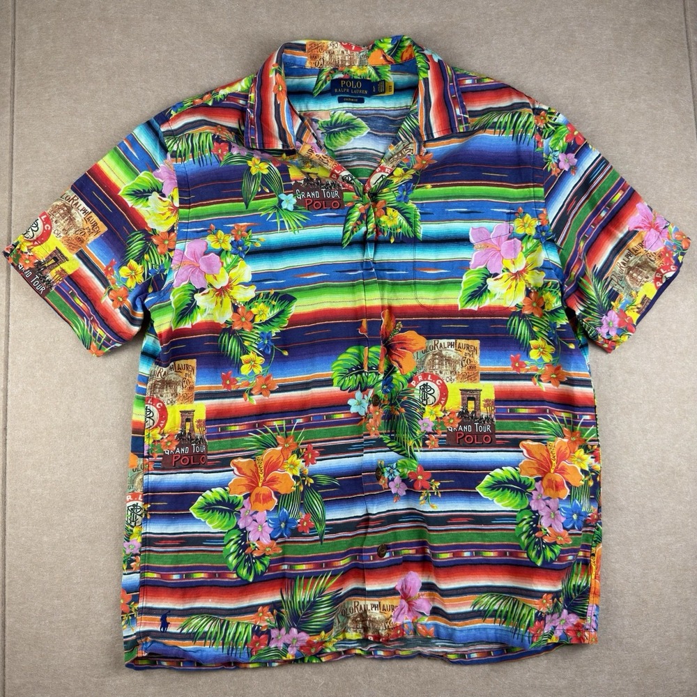 Polo Ralph Lauren Shirt Men L Hawaiian Floral‎ Stripe Grand Tour Custom Fit
